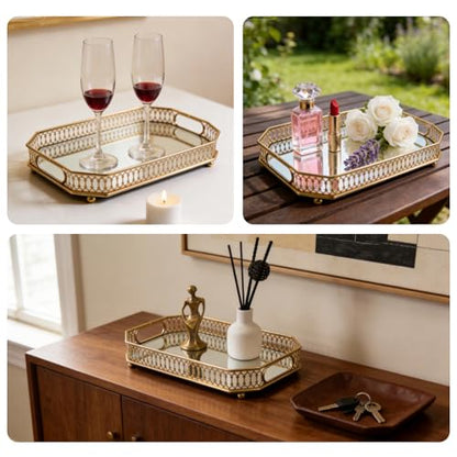Mirror Tray,11.42×7.09 Inch Decorative Gold Mirror Tray for Home Decor, Vanity Organizer (for Perfumes), Bathroom Countertop Storage & Table Centerpiece