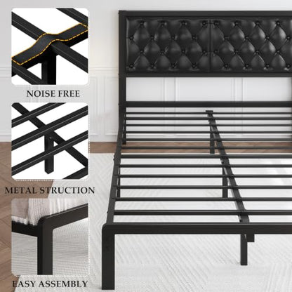 HISOFT Queen Bed Frame with Upholstered Button Tufted Headboard, Bed Frame Platform Metal Slats Support, Under Bed Storage, No Box Spring Needed, Noise-Free, Easy Assembly, Black
