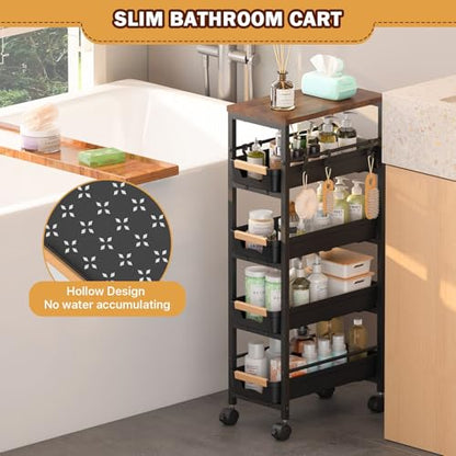 Slim Storage Cart with Wheels, Narrow Kitchen Rolling Cart, Black | 5-Tier Skinny Rolling Cart with Wooden Top & Lockable Wheels, Storage Organizer for Bathroom, Laundry Room, Narrow Space