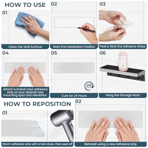 Shower Caddy Adhesive with 5 Hooks & Drainage, No-Drill, Silver | Plastic Wall Bathroom Shelf Rack Organizer, Inside Shower Storage Holder for Bath Accessories, Rustproof Bathroom Shelves