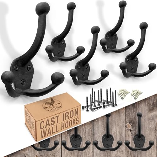 Cast Iron Tri Leg Coat Hooks (5 Pack) Wall Mounted Farmhouse, Decorative, Rust Proof for Exterior or Interior Wall Hooks, Vintage Hooks for Hanging Coats, Bags, Hats, Towels etc (Black)