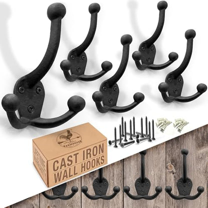 Cast Iron Tri Leg Coat Hooks (5 Pack) Wall Mounted Farmhouse, Decorative, Rust Proof for Exterior or Interior Wall Hooks, Vintage Hooks for Hanging Coats, Bags, Hats, Towels etc (Black)