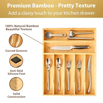Bamboo Kitchen Drawer Organizer, 13 Inch Silverware Utensil Tray Holder, Extra Deep Grooved Drawer Divider, 7 Slots Total Bamboo Wood Caddy for Flatware Cutlery Knives, Forks, Spoons