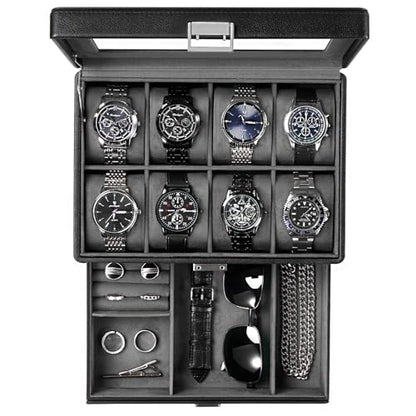 ProCase Premium Watch Box for Men, Jewelry Organizer Box with Drawer, Display Storage Case with Glass Lid -Black, 8 Slot