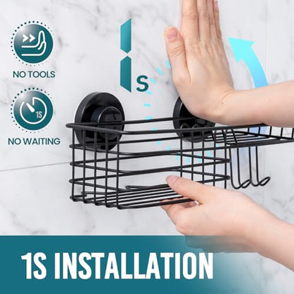 TAILI Shower Caddy Suction Cup with Hooks and Soap holder, Black | Heavy Duty Shower Organizer, No Drilling Bathroom Holder, Metal Storage Basket