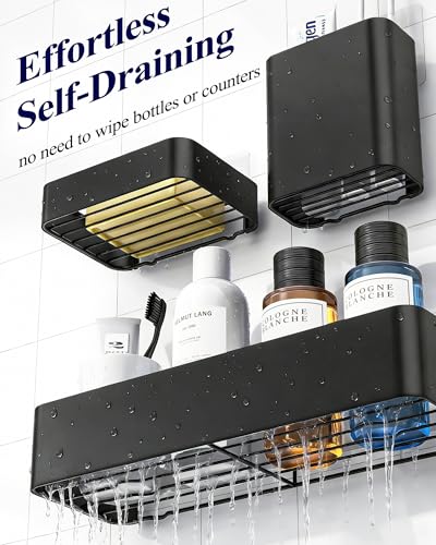 Kitsure Large Shower Caddy - Adhesive 6-Pack Bathroom Shelves, Black | No-Drilling Rustproof Shelves with Soap Holder, Toothbrush Holder, 6 Hooks, Stylish Bathroom Organizers and Storage Solution