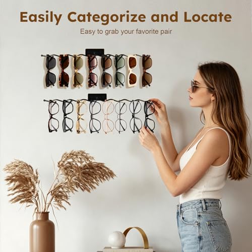Sunglasses Organizer, 2 Pack 17 Inch Wall Mounted Sunglass Holder | Wall Glasses Holder Stand Multiple Eyeglasses Display Rack Storage for Entryway, Living Room, Bedroom, Dresser, Metal, Black