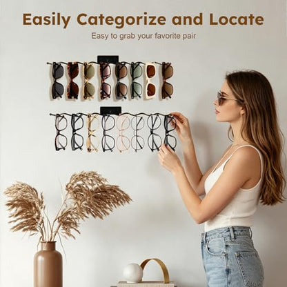Sunglasses Organizer, 2 Pack 17 Inch Wall Mounted Sunglass Holder | Wall Glasses Holder Stand Multiple Eyeglasses Display Rack Storage for Entryway, Living Room, Bedroom, Dresser, Metal, Black