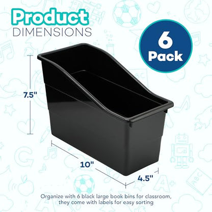 4E's Novelty 6 Durable Book and Binder Holder, Files Book Bins for Classroom, Plastic Vertical Storage Book Organizer Folder Office Classroom Organization Containers Supplies (Black)
