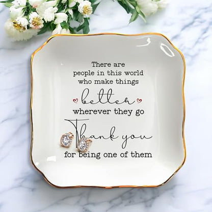 Thank You Gifts for Women, Retirement Gifts - 4x4 Ceramic Dish Tray | Retirement Gift for Woman, Ring Dish for Women, Appreciation Decor, Gold Trim Design, Polished Finish, Ready to Gift