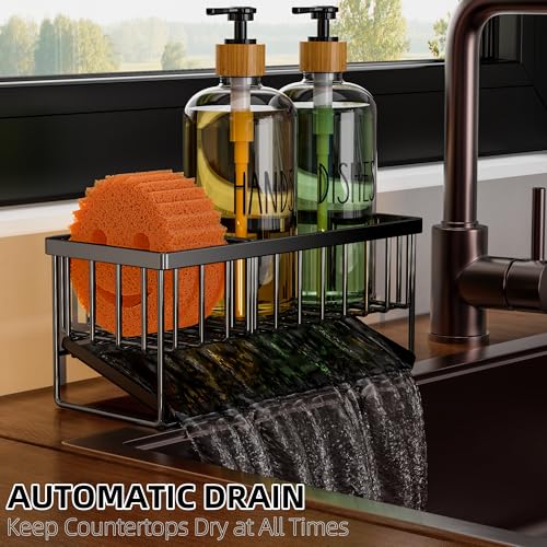 Cisily Kitchen Dish Soap Dispenser Set with Black Sponge Holder and 2 Pack 16.9oz Clear Glass, Dish Soap Dispensers for Kitchen Sink, Vintage Hand and Dish Soap Dispensers Set