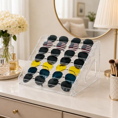 1 Pack 7 Tier Sunglasses Organizer Stand, Clear Acrylic Glasses Display Rack, Snap-Fit Eyeglass Holder Storage Tray for Sunglasses, Reading Glasses, Nail Polish, Makeup, Trading Cards and Collectibles