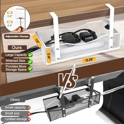 Extra Wide Under Desk Cable Management - 7inch No Drill Installation Cable Management Tray, Clamp/Screw Mount Desk Cable Management, Cable Management Tray for Office, Home((White, XL)