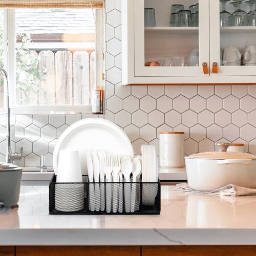 Paper Plate Organizer for Countertop, Metal Silverware Caddy for Cup, Napkin, Fork, Spoon, Paper Plate and Utensil Holder, Cutlery Caddy for Party, Camping, Picnic (Black)
