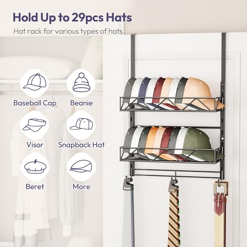 Over Door Hat Organizer - 3 Tier Wall Mounted Hat Rack with 2 Adjustable Metal Basket and 3 Hooks, Hanging Baseball Cap Organizer Storage Holds up to 29 Caps for Door, Bedroom, Closet