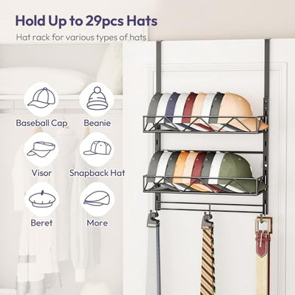 Over Door Hat Organizer - 3 Tier Wall Mounted Hat Rack with 2 Adjustable Metal Basket and 3 Hooks, Hanging Baseball Cap Organizer Storage Holds up to 29 Caps for Door, Bedroom, Closet