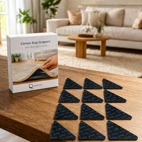 Corner Rug Grippers 12 Pack, Non Slip for Hardwood Tile Laminate, Reusable Adhesive