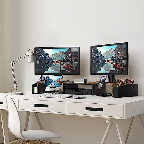 Simple Houseware Desk Dual Monitor Stand Riser with Drawer, Rustic Brown | Customizable Organizer Tray, Built-In Phone & Tablet Slot and Side Storage