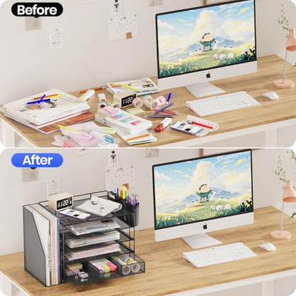 Desk Organizer, 5-Tier Desktop File Organizer with Drawer and Pen Holders, Office Desk Accessories, File Sorters, Workspace Organizers for Office Supplies(Black)