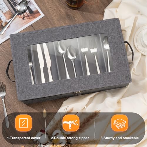 Flatware Utensil Storage Case, Silverware Storage Box Chest with Dividers | 5 Compartment Flatware Storage Box with Zipper Lid for Organizing Cutlery, Flatware, Knives, Large Capacity Gray
