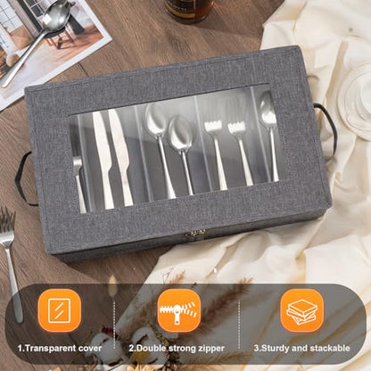 Flatware Utensil Storage Case, Silverware Storage Box Chest with Dividers | 5 Compartment Flatware Storage Box with Zipper Lid for Organizing Cutlery, Flatware, Knives, Large Capacity Gray