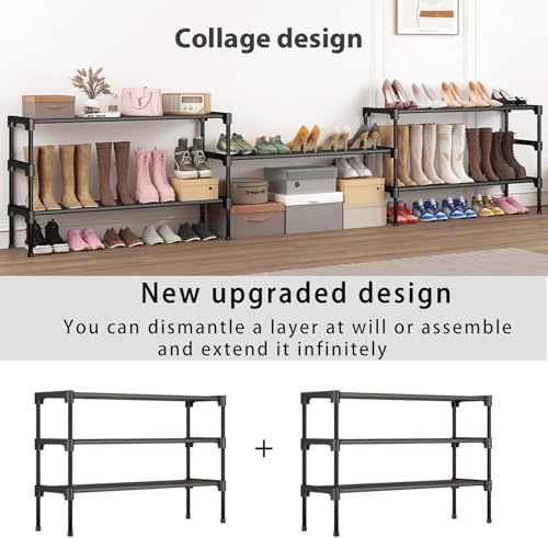 SAN HE Long Shoe Rack-Shoe Organizer 3 Tier Shoe Rack for Closet Front Door Entryway Garage, Stackable Free Standing and Freely Combinable Shoe Storage, Space Saving Small Shoe Shelves.
