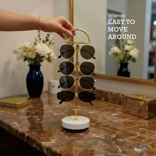 Sunglasses Stand for Countertop - Gold Eyeglass Holder, Vertical Sunglasses Organizer for 5 Pairs, Tabletop Eyewear Display for Bedroom Entryway Office (Gold, Wood Base - 1pc)