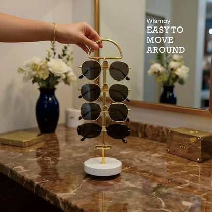 Sunglasses Stand for Countertop - Gold Eyeglass Holder, Vertical Sunglasses Organizer for 5 Pairs, Tabletop Eyewear Display for Bedroom Entryway Office (Gold, Wood Base - 1pc)