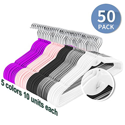 Multi-Color Velvet Hangers 50 Pack with Cascading Hooks, Non-Slip Black, Pink, White, Grey, and Purple Velvet Hangers for Clothes, Suits, and Coats