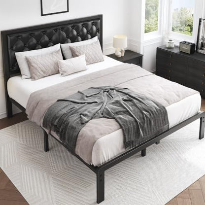 HISOFT Queen Bed Frame with Upholstered Button Tufted Headboard, Bed Frame Platform Metal Slats Support, Under Bed Storage, No Box Spring Needed, Noise-Free, Easy Assembly, Black
