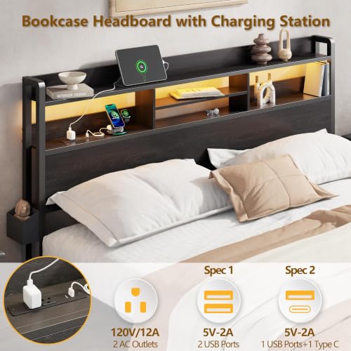 Full Size Bed Frame with Headboard and Charging Station,2 Drawers
