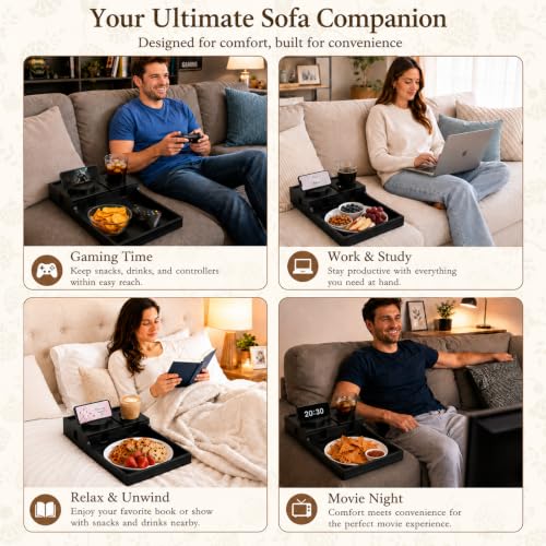 2-in-1 Bamboo Couch Tray – Insert & Flat Sofa Organizer with Anti-Slip Base,360° Rotating Phone Holder,Cup Holder, 15.3x9.8 in, Fit Seat Gaps or Armless,Sectional Sofa