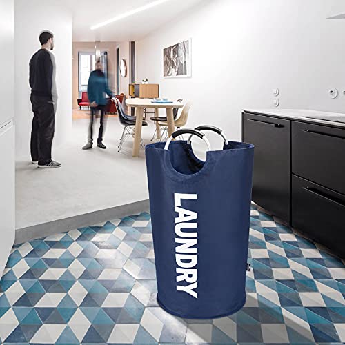 DOKEHOM 90L Large Laundry Basket Bag, Collapsible Tall Hamper, Dark Blue | Freestanding tall washing bin & foldable laundry bag. High-capacity clothes storage basket with durable sturdy handles