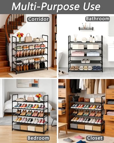 5 Tier Tall Shoe Rack Large Capacity, 34.5" Wide Entryway Shoe Organizer, Stackable Metal Frame Waterproof Nonwoven Shelves, Holds 20-25 Pairs, Space Saving Storage for Closet Hallway Garage, Black