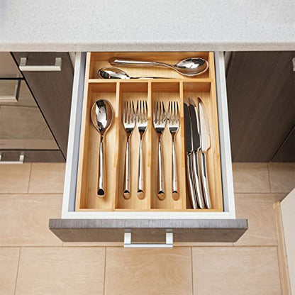 Kitchen Drawer Organizer, 10 Inch Silverware Utensil Tray Holder, Extra Deep, with Non-Slip Feet & Grooved Drawer Divider, 5 Slots Total Bamboo Wood Caddy for Flatware Cutlery Knives