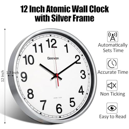 Geevon 12 Inch Atomic Wall Clock - Self-Setting Analog Clock with Automatic Time Sync - Battery Operated for Home Office School - Silver Frame