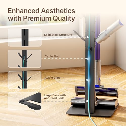 Vacuum Stand Compatible with Dyson G5 V16 V15 NEC180 280TL, Black | for V12 V11 V10 V9 V8 V7, S11 A10 A11, Cordless Vacuum Holder with 8 Storage Hooks, Accessories & Attachments Organizer