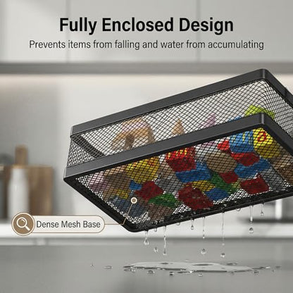 PUSDON Mesh Shower Caddy Wall Mount, Heavy Duty Adhesive Bathroom Shelf Organizer, Rustproof Floating Spice Rack for Kitchen Pantry, Holds 50 LBS, Multi-Purpose Storage Black-2 Packs (Netting)