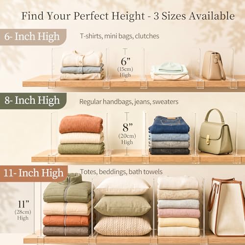 Shelf Dividers Purse Organizer for Closet: Acrylic Clear 8 Pack | Bag Storage Organizer for Handbags, Clutches, Clothes, Sweater, Towel on Wood Shelves