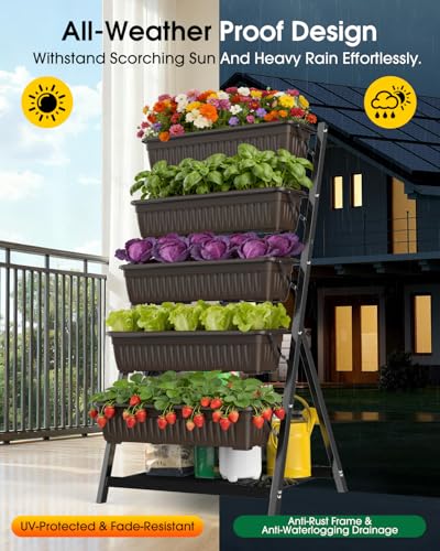 5-Tier Vertical Garden Bed Planter Boxes with Drainage System & Storage Space, Freestanding Vertical Garden Planter with 5 S-Hooks for Plants Vegetables Flowers Herbs in Garden Patio Yard