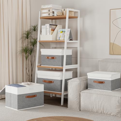 Yawinhe Fabric Storage Boxes with Lids,White/Grey,15.0x9.8x9.8in,1-Pack | Container with Leather Handle,Washable Storage Basket, Clothes Blanket Bin,Collapsible Closet Organizer for Bedroom