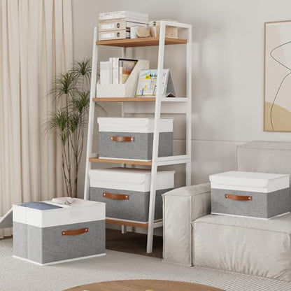 Yawinhe Fabric Storage Boxes with Lids,White/Grey,15.0x9.8x9.8in,1-Pack | Container with Leather Handle,Washable Storage Basket, Clothes Blanket Bin,Collapsible Closet Organizer for Bedroom