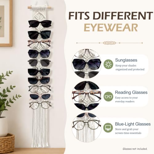 Besoamo Macrame Sunglasses Holder for Wall, Boho Eyeglasses Organizer Holds Up to 10 Pairs, Handmade Cotton Rope Glasses Rack, Hanging Eyewear Display Storage for Home, Bedroom, Entryway, Closet