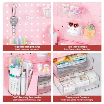 Comix Desk Organizer with 2 Drawer, Pink 360° Rotating Pen Holder for Desk | Desk Organizers and Accessories with 5 Slots Pencil Holder+Pegboard+Drawer, Pen Organizer for Home School Art Office Supplies