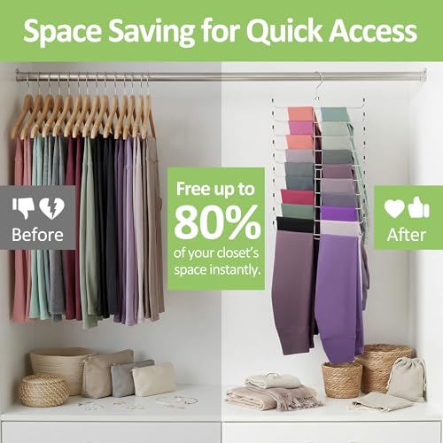 2 Pack Legging Hanger, Metal Hanging Legging Hangers for Closet Organizer Holds 40 Women's XS-XL & Girls' Leggings, 360° Rotating Foldable Yoga Pants Hangers Space Saving, Silver