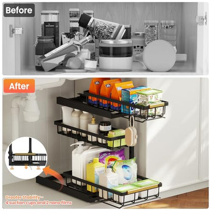 Under Sink Organizer and Storage 2 Pack 3 Tier Kitchen Bathroom Organizers | 3 Tier Black Undersink Organizers - Pull Out Cabinet Organization for Home Shelves and Drawers Cleaning Supplies Organizer