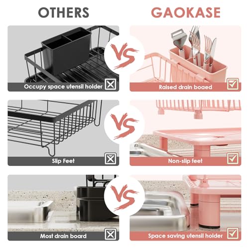 Dish Drying Rack, Stainless Steel-Dish Rack, Dish Racks for Kitchen Counter, Kitchen Dish Drainers with Removable Utensil Holder,New Drain Outlet,Plate Rack and Drainboard,(Pink-11 W x 15" L)
