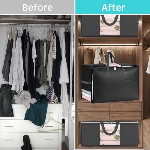 8 Pack 105L Extra Large Comforter Storage Bag, Foldable Bedding Storage Blanket Moving Bags for Clothes Pillows Sweater Dorm, Linen Closet Organizers with 4 Handles & 3 Clear Windows, Black