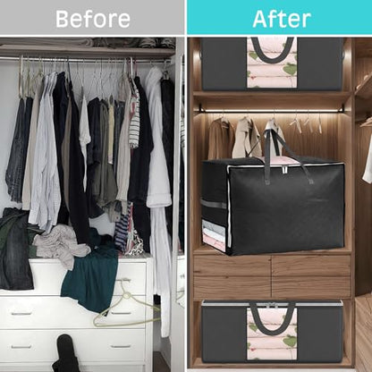8 Pack 105L Extra Large Comforter Storage Bag, Foldable Bedding Storage Blanket Moving Bags for Clothes Pillows Sweater Dorm, Linen Closet Organizers with 4 Handles & 3 Clear Windows, Black