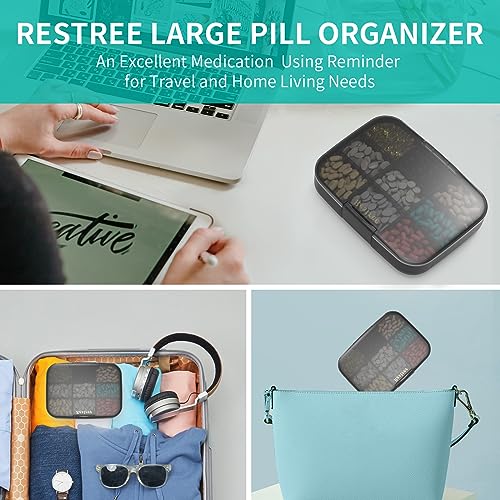 Restree Pill Organizer, Large & Moisture Proof Travel Pill Case, Adjustable Dividers for Daily Vitamins, Supplements, Fish Oil - Portable Medicine Box for Home & On-The-Go, 9 Compartment (Black)